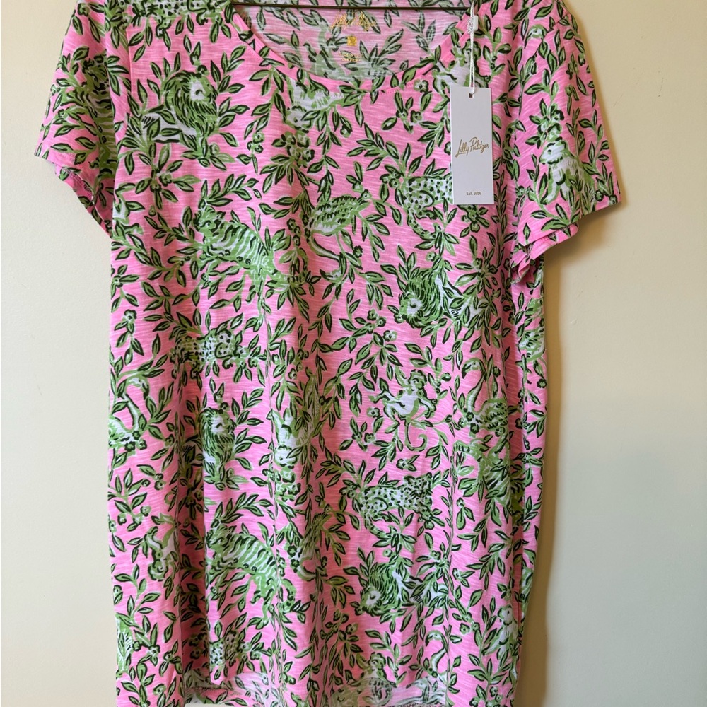 Lilly Pulitzer Pink and Green Leaf Print Short Sleeve Top